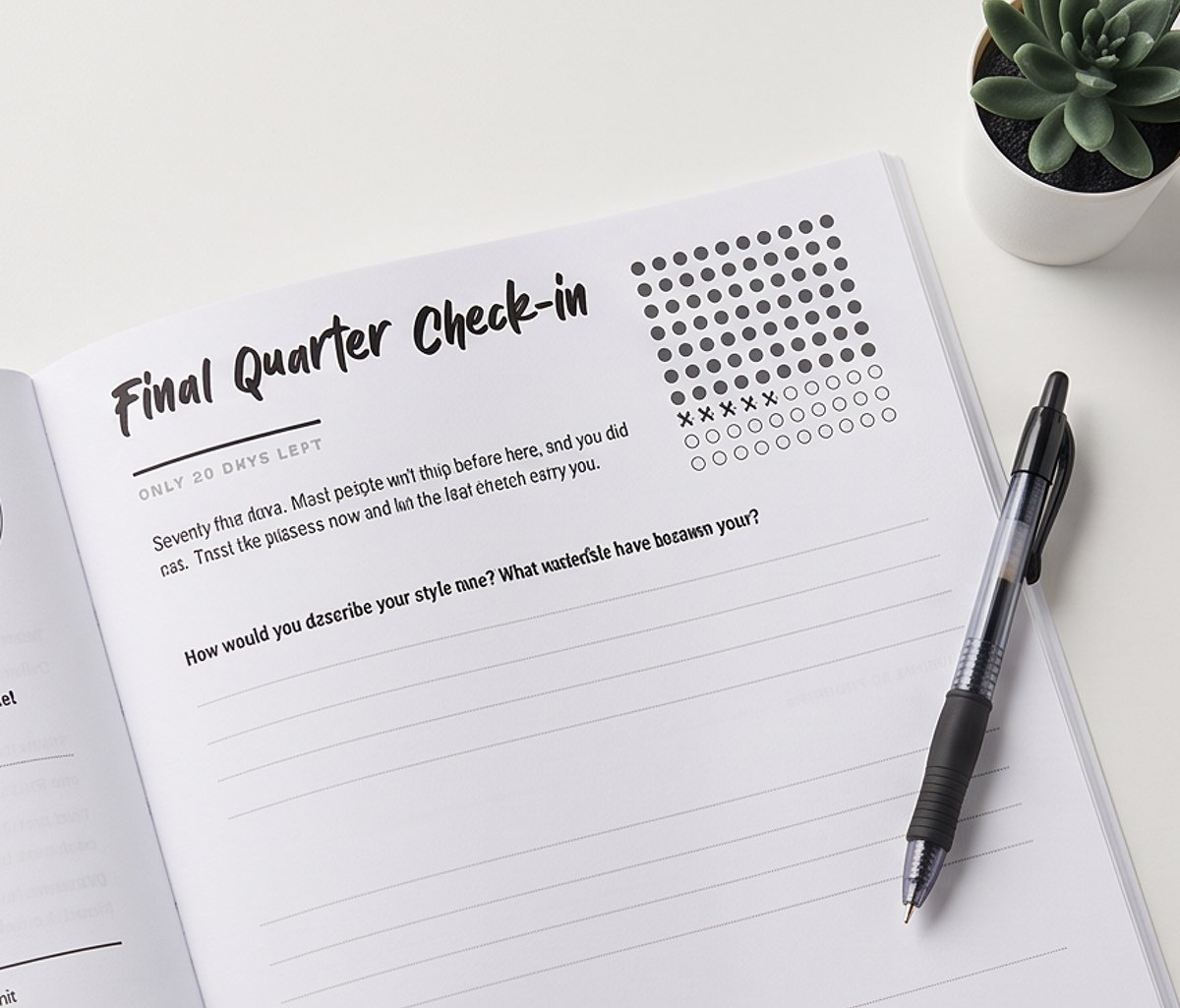 A quarterly check-in page inside the book