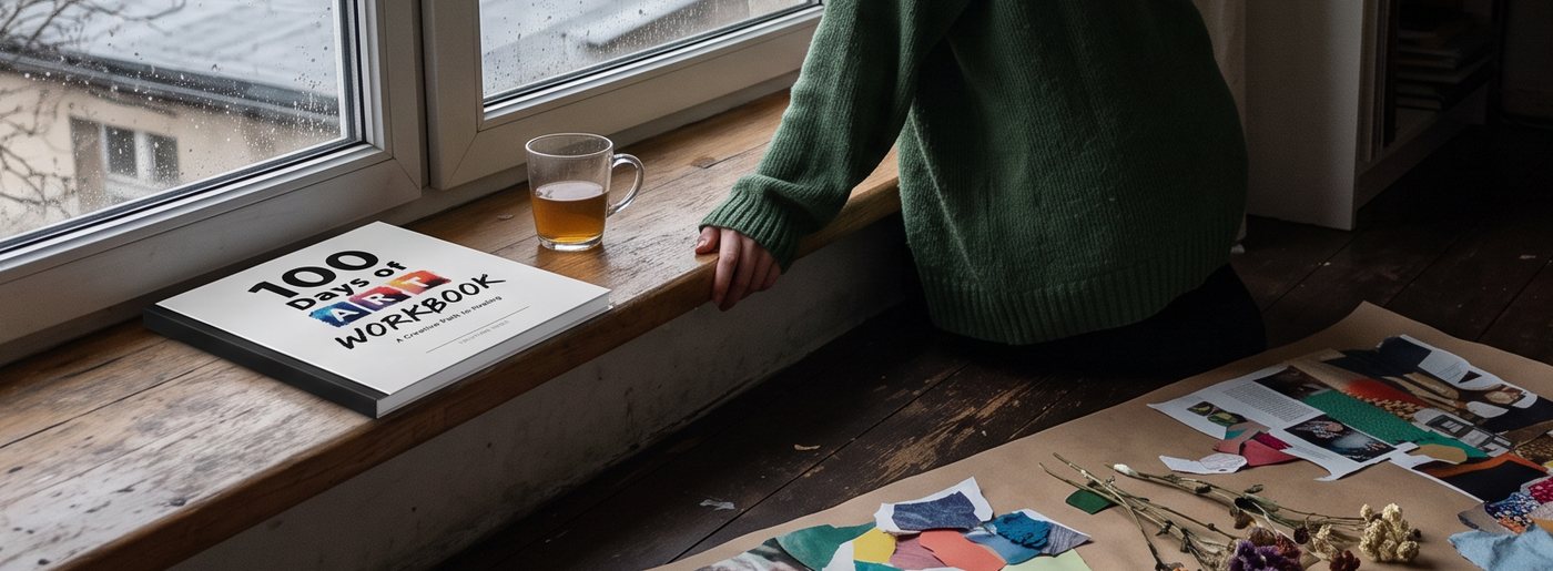 The 100 Days of Art Workbook opened out on a window sill