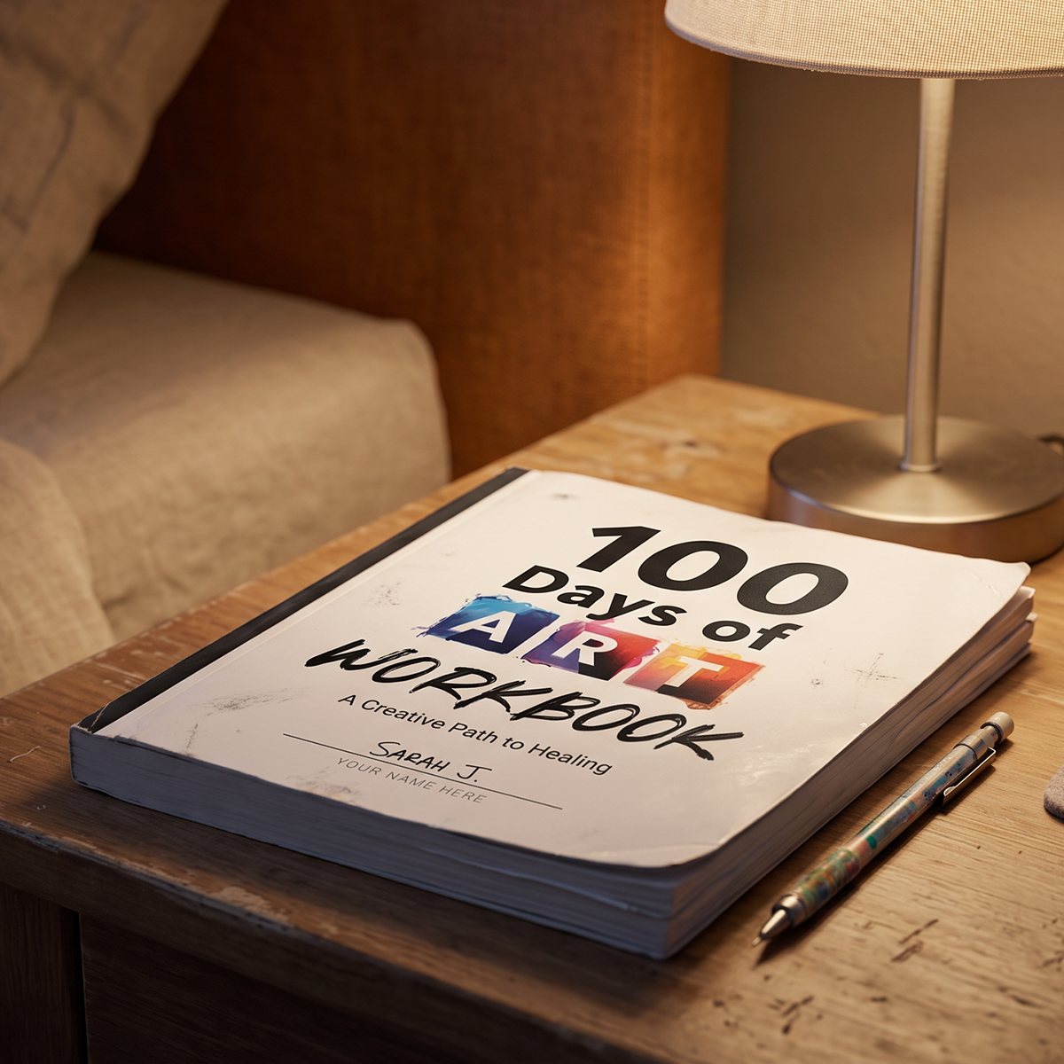 The workbook on an end table in warm light