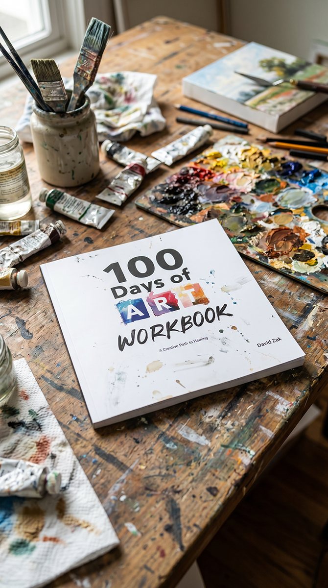 The 100 Days of Art Workbook standing in an art room